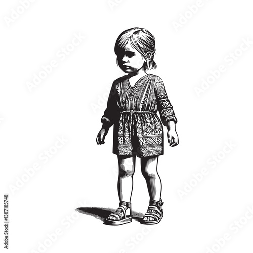Whimsical child illustration in patterned romper and sandals standing alone