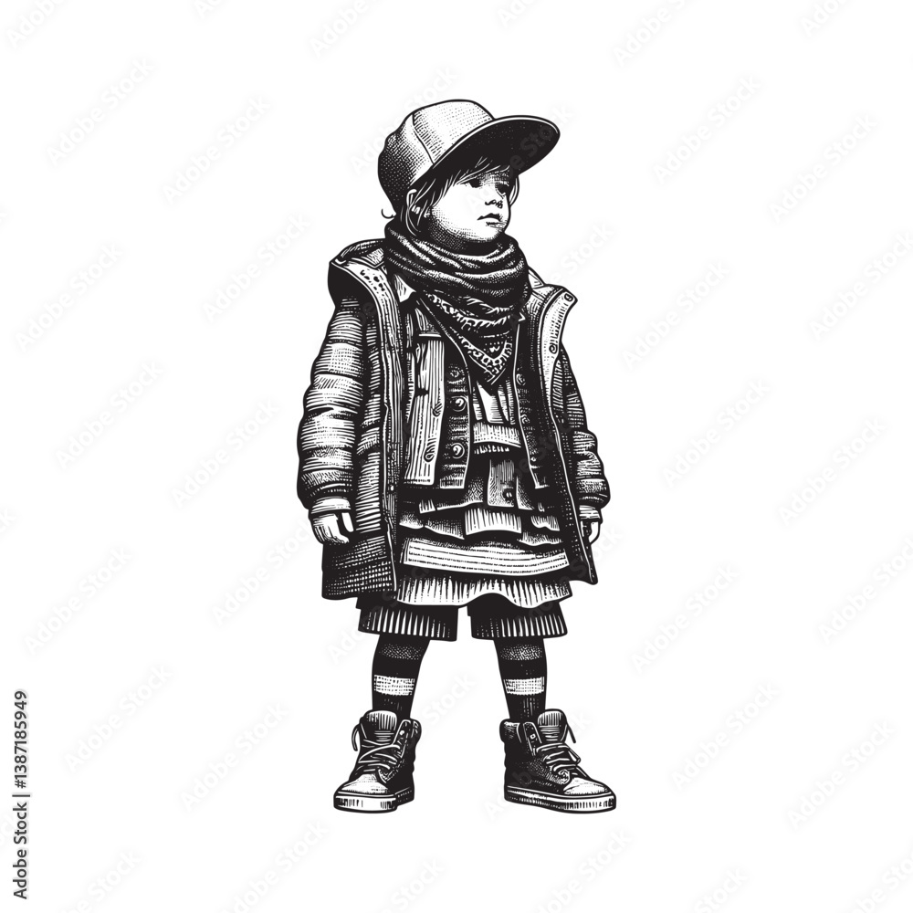 Fototapeta premium Whimsical youth portrait with layered fashion and woodcut artistic style