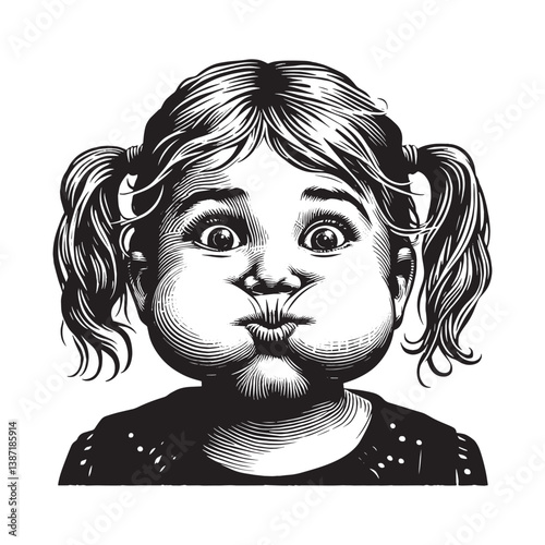 Whimsical woodcut illustration of a young girl playfully puffing her cheeks