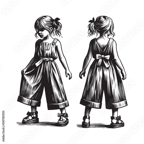 Whimsical woodcut illustration of a young girl in fashionable wide-leg jumpsuit