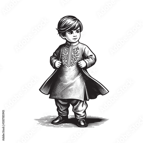 Whimsical woodcut of a child elegantly dressed in traditional attire