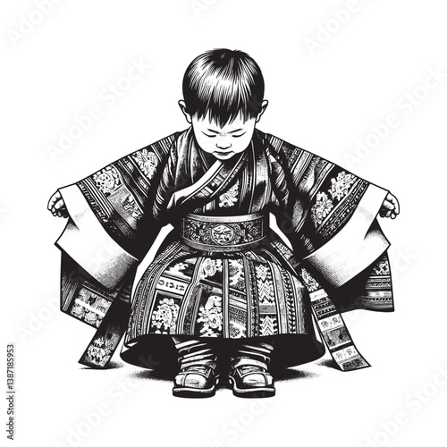 Whimsical woodcut of a child in traditional Bhutanese Gho attire with earnest eyes