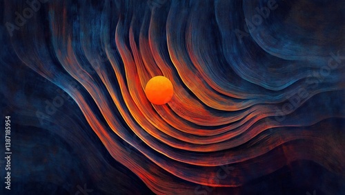 Surreal Orange Sun Rising Amongst Abstract Waves of Blue and Dark Shadows
