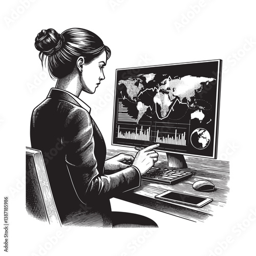 Woman analyzing global market data insights for strategy development in digital format