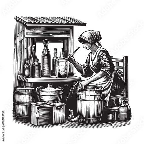 Woman brews beverage with a woodcut illustration style focusing on traditional craft