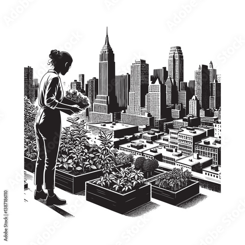 Woman cultivates rooftop garden against a city skyline in drawing style
