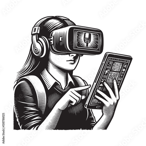 Woman engaging with augmented reality through tablet and headset interface
