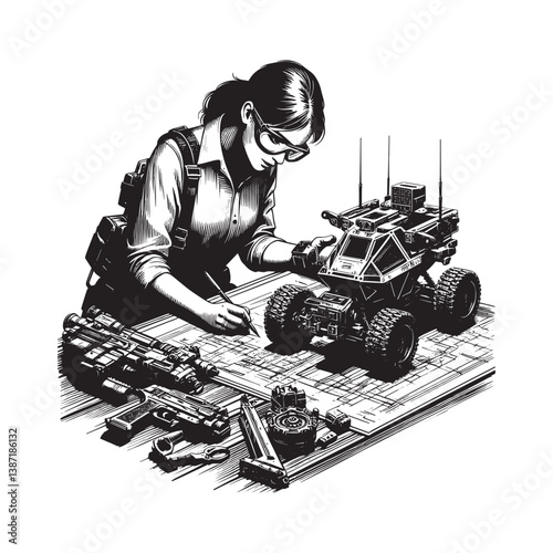 Woman engineer designing innovative military vehicles for modern combat strategy