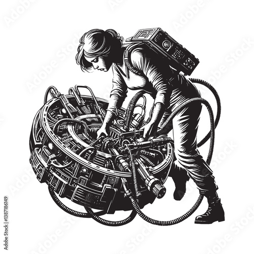 Woman engineering a futuristic device to rescue her stranded space crew