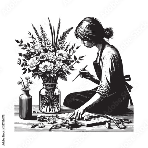 Woman creating floral arrangement, woodcut style illustration, hobby activity