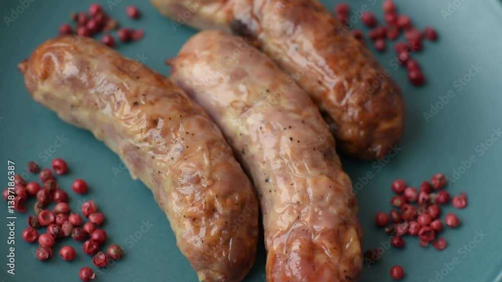 Grilled pork or beef sausages. German sausages with salt, spices and herbs Grilled pork or beef sausages. German sausages with salt, spices and herbs