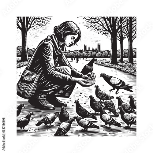 Woman feeds pigeons in city park woodcut style monochromatic composition