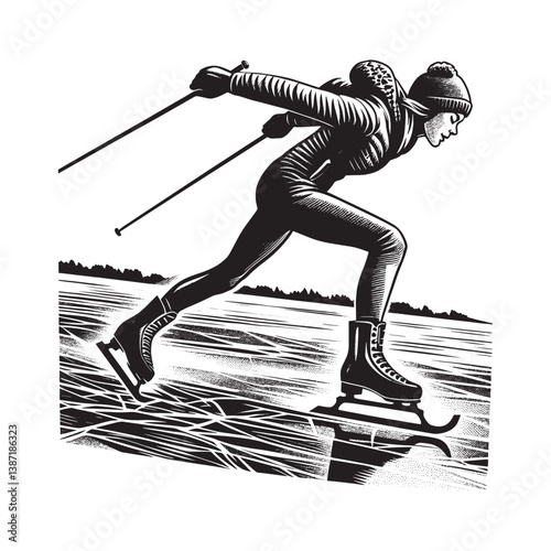 Woman gracefully ice skating on the frozen lake captured in woodcut style