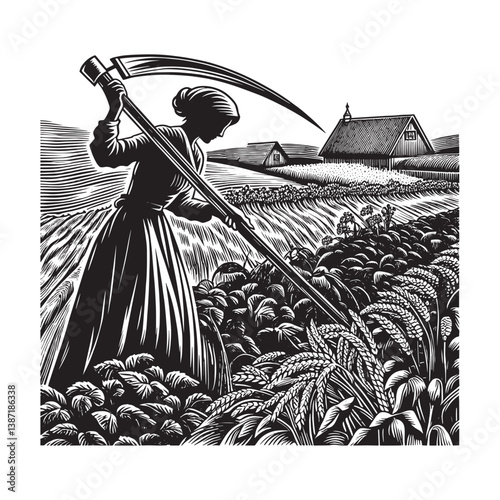 Woman harvests crops with a scythe in a woodcut illustration farm scene