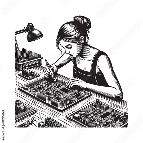 Woman meticulously assembling electronic components onto circuit boards in a factory