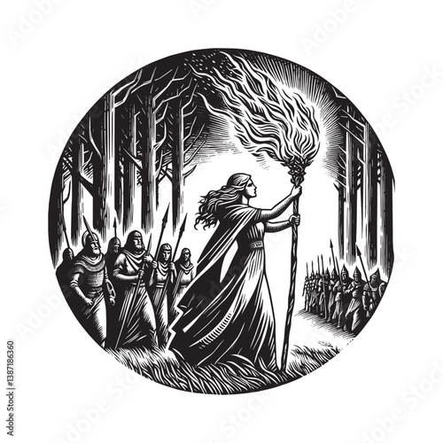 Woman leading warriors through a dark forest with a blazing staff light, illustration