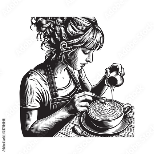 Woman intently creating intricate latte art on a cappuccino with care