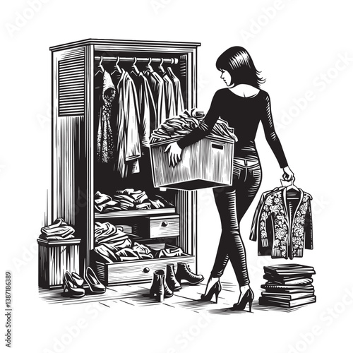 Woman organizing closet donating clothes in black and white woodcut style art