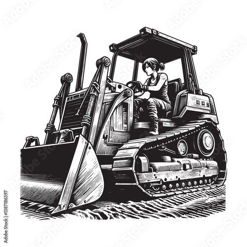 Woman operator navigating bulldozer across expansive construction worksite area