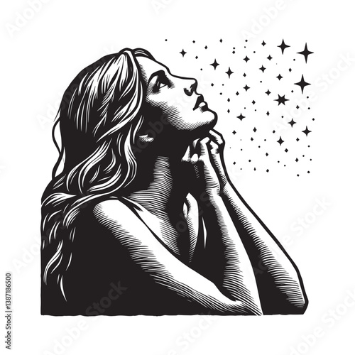 Woman,s contemplative gaze toward starry expanse woodcut illustration