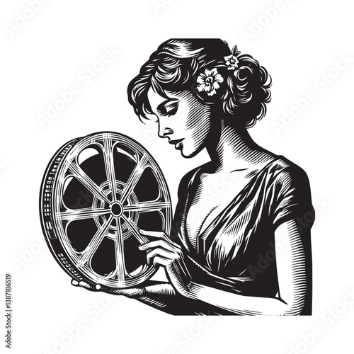 Woman with nostalgic film reel preparing cinematic experience at home