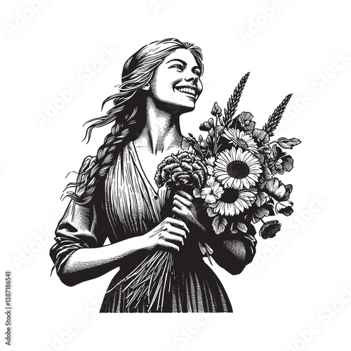 Woman,s joyful celebration with a bouquet of freshly picked flowers in artful lines