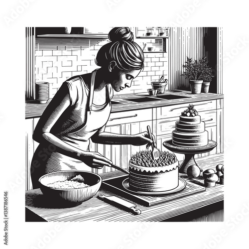 Woman,s culinary creativity illustrated in a modern kitchen woodcut style