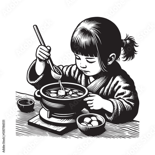 Woodcut depiction of a young girl enjoying a steaming pot of soup