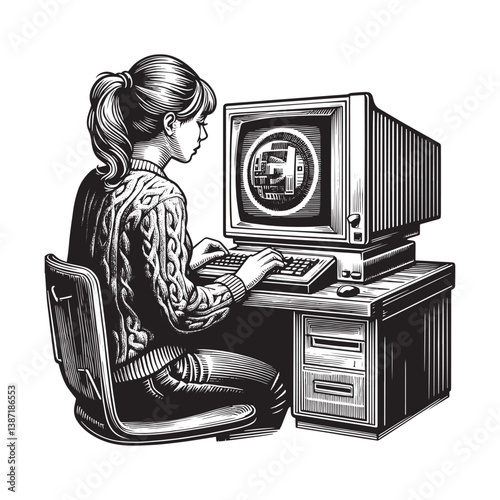 Woman working on vintage computer in detailed woodcut style illustration