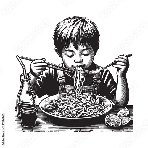Woodcut depiction of a young boy delighting in a flavorful pad Thai meal