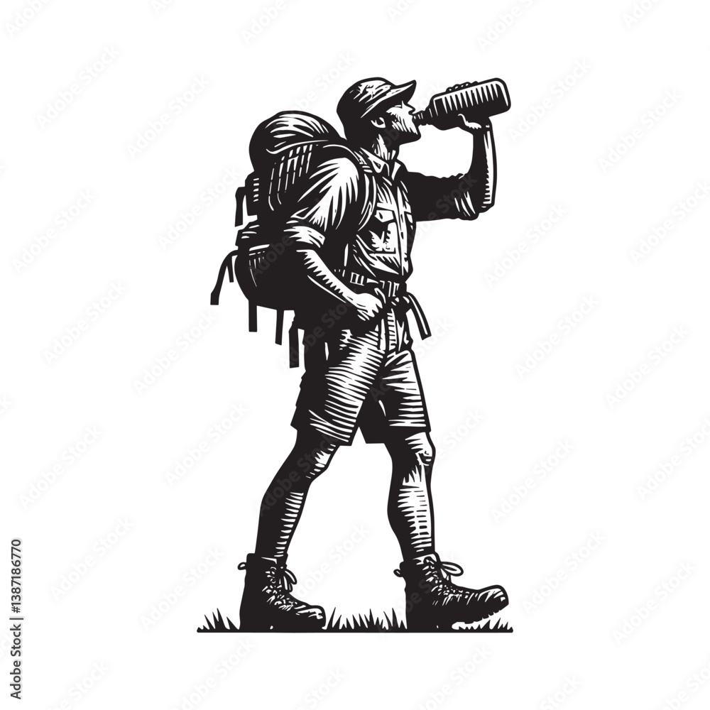 Obraz premium Woodcut style illustration of a hiker drinking from water canteen during an outdoor adventure