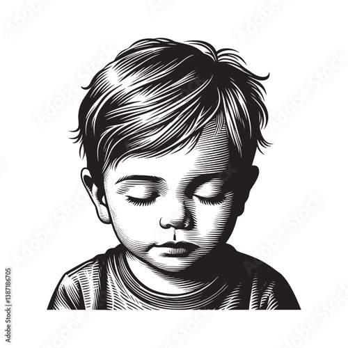 Woodcut Illustration of a Pensive Little Boy with Closed Eyes Serene Moment