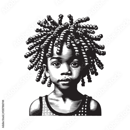 Woodcut Illustration of a Young Person with Coiled Hairstyle Portrait