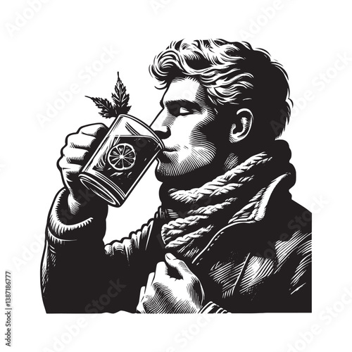 Woodcut style illustration of a man enjoying a warming autumnal beverage