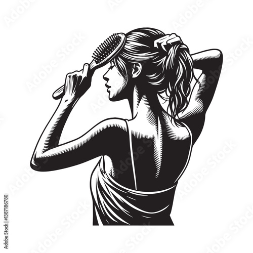 Woodcut style illustration of a woman brushing her hair before sleeping
