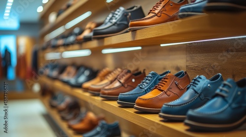 Display of various men's shoes on shelves in a shoe store