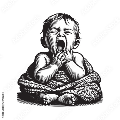 Woodcut style illustration of a baby yawning wrapped in thick ropes