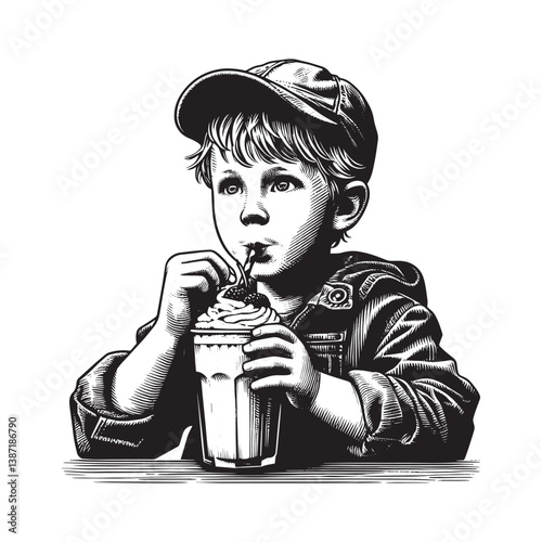 Woodcut style illustration of a young boy enjoying a creamy milkshake