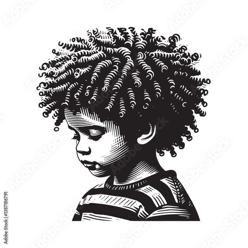 Woodcut Style Portrait of a Young Child with Curly Hair in Black and White
