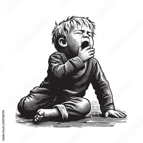 Woodcut style illustration of a sleepy little boy yawning intensely