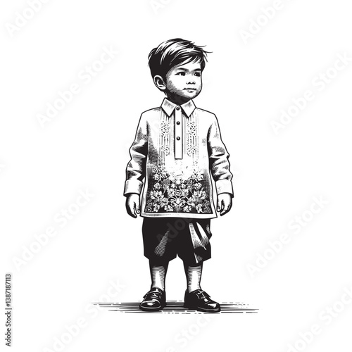 Young boy showcasing Barong Tagalog in detailed monochrome woodcut drawing