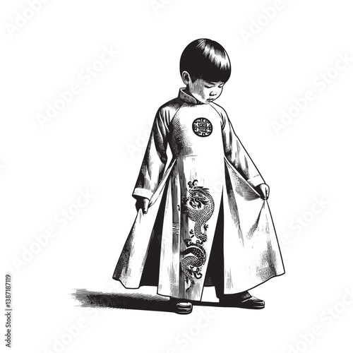 Young boy in traditional Vietnamese Ao Dai attire in woodcut illustration