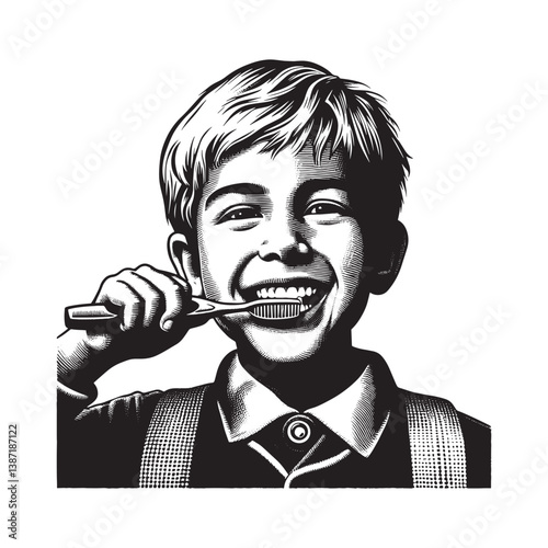 Young boy enthusiastically cleans teeth with toothbrush in woodcut style drawing