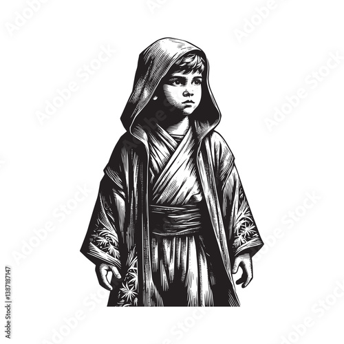Young boy in enigmatic hooded robe evocative woodcut style illustration