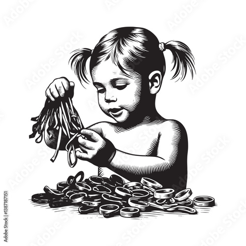 Young child engrossed with colorful hair bands in woodcut engraving style