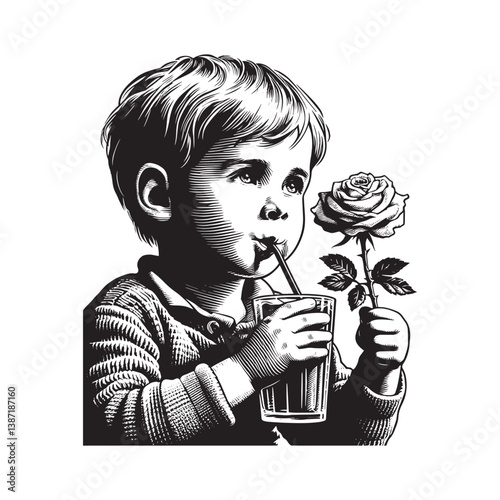 Young boy sips refreshment holding rose in a vintage engraved illustration style