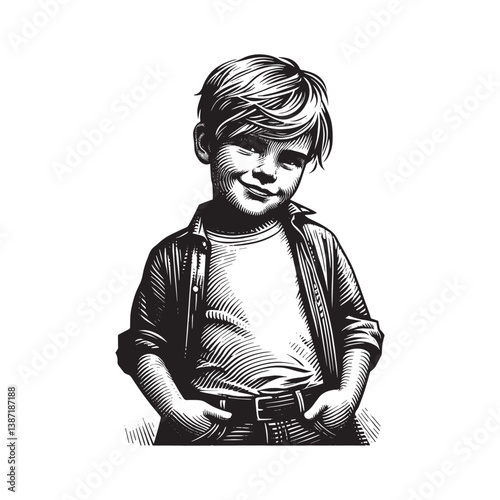 Young boy with confident expression in a monochrome woodcut style drawing