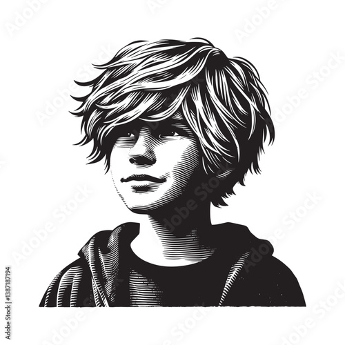 Young face captured with detailed woodcut effect displaying stylized hair