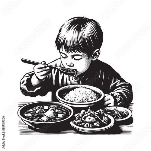Youngster enjoys a hearty curry meal portrayed in monochrome art style