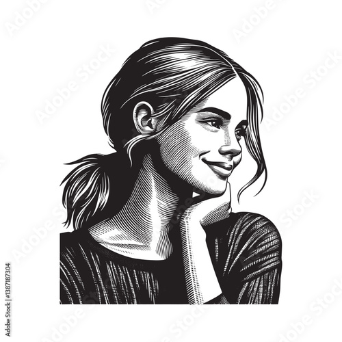 Young Woman,s Portrait in Woodcut Style with Gentle Smile and Contemplative Pose